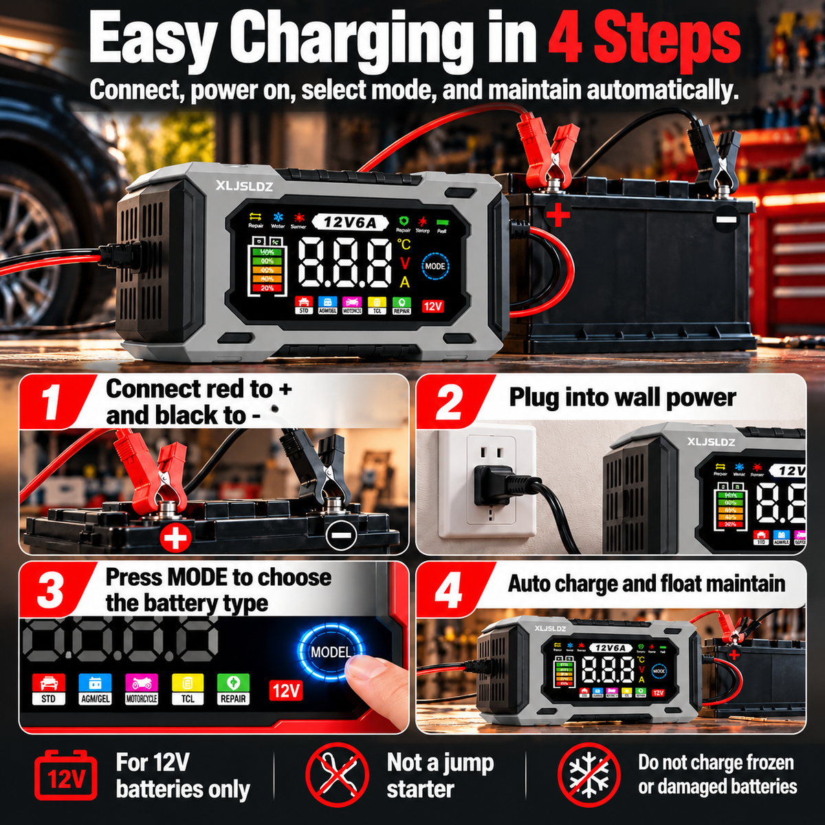 6-Amp 12V Smart Car Battery Charger, Battery Maintainer Trickle Charger with Desulfator