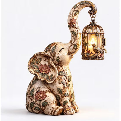 Vintage Elephant Decor Statue with Hanging Lantern Light Boho Floral Raised Trunk Elephant Figurine Warm Ambient Accent for Bookshelf Mantel Living Room