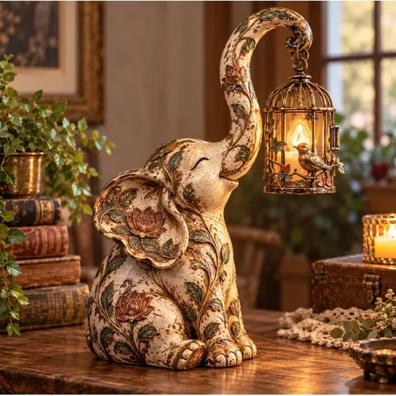 Vintage Elephant Decor Statue with Hanging Lantern Light Boho Floral Raised Trunk Elephant Figurine Warm Ambient Accent for Bookshelf Mantel Living Room
