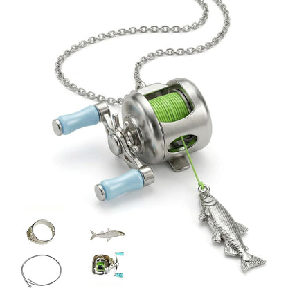 Fishing Reel Necklace with Rotating Handle & Moving Line Guide
