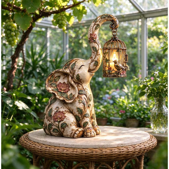 Vintage Elephant Decor Statue with Hanging Lantern Light Boho Floral Raised Trunk Elephant Figurine Warm Ambient Accent for Bookshelf Mantel Living Room