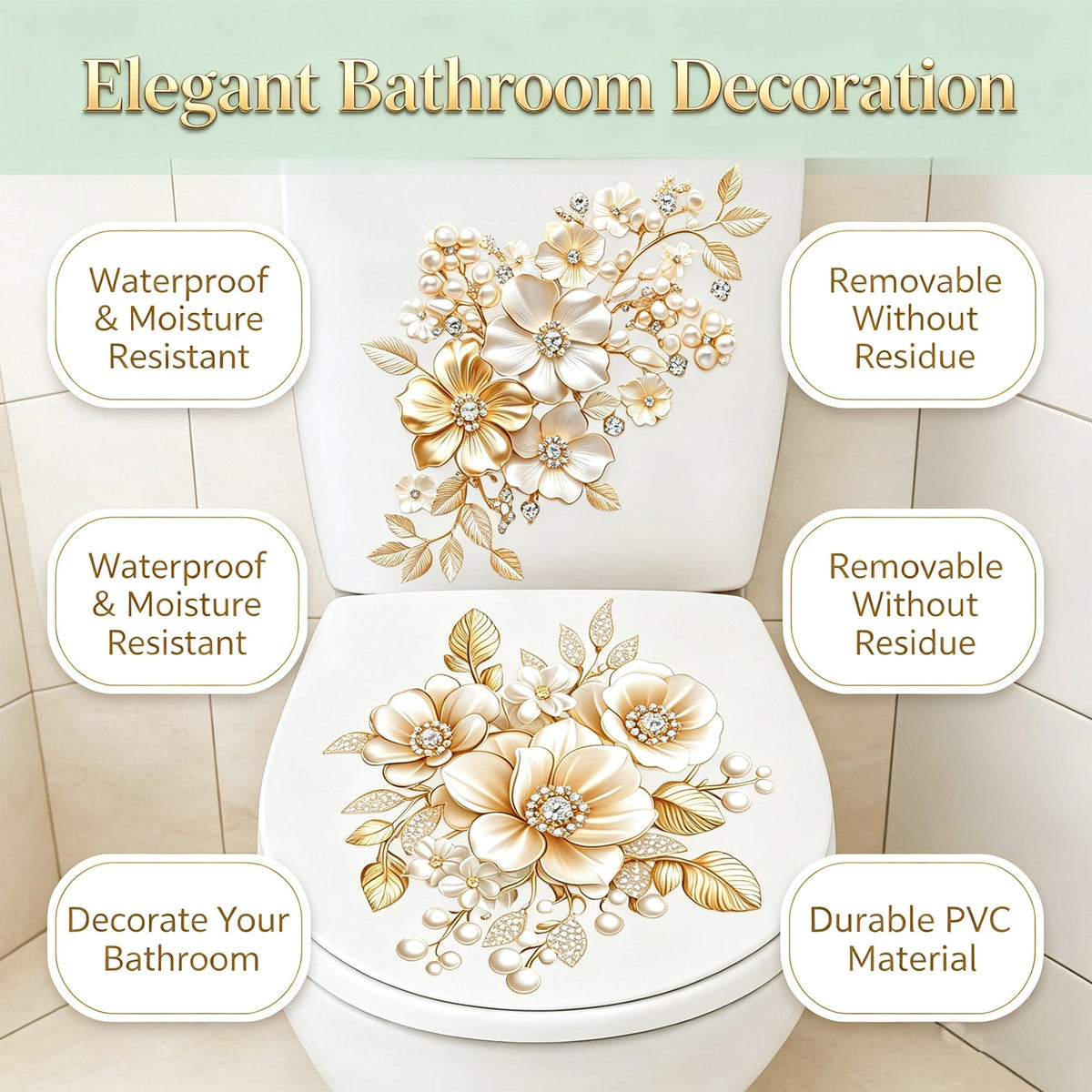 Luxury Golden Pearl Flower Toilet Seat Stickers for Toilet Tank, Shower Room Home Decor