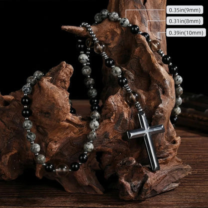 Natural Obsidian Yooperlite Rosary Necklace, UV Reactive Energy Protection Healing Crystal