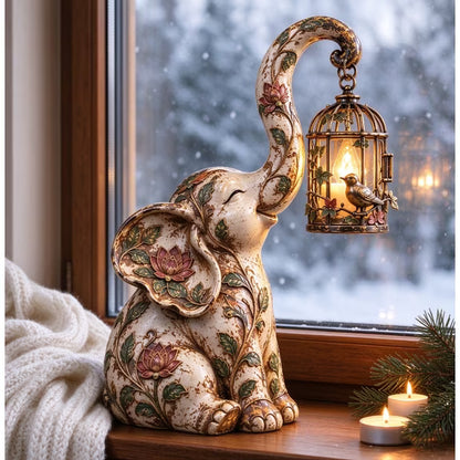 Vintage Elephant Decor Statue with Hanging Lantern Light Boho Floral Raised Trunk Elephant Figurine Warm Ambient Accent for Bookshelf Mantel Living Room