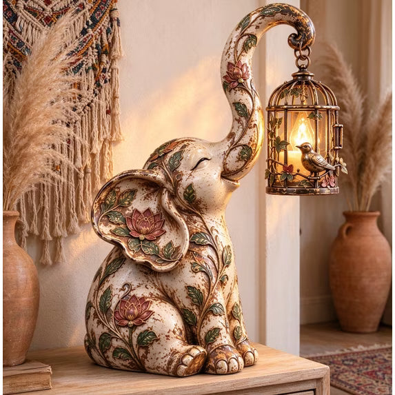 Vintage Elephant Decor Statue with Hanging Lantern Light Boho Floral Raised Trunk Elephant Figurine Warm Ambient Accent for Bookshelf Mantel Living Room