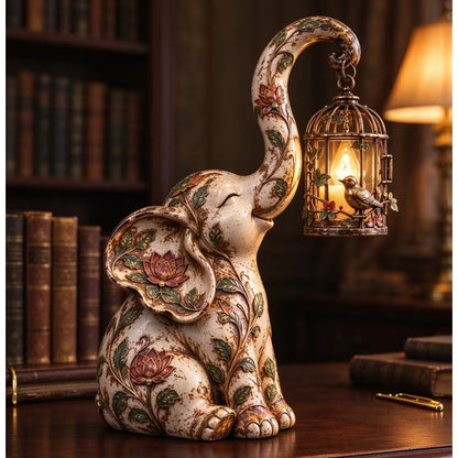Vintage Elephant Decor Statue with Hanging Lantern Light Boho Floral Raised Trunk Elephant Figurine Warm Ambient Accent for Bookshelf Mantel Living Room