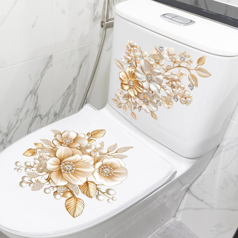 Luxury Golden Pearl Flower Toilet Seat Stickers for Toilet Tank, Shower Room Home Decor