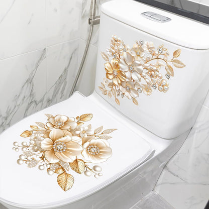 Luxury Golden Pearl Flower Toilet Seat Stickers for Toilet Tank, Shower Room Home Decor