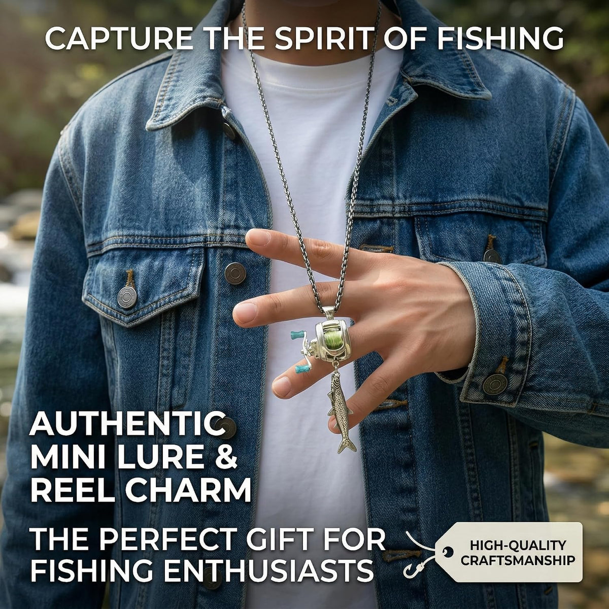Fishing Reel Necklace with Rotating Handle & Moving Line Guide