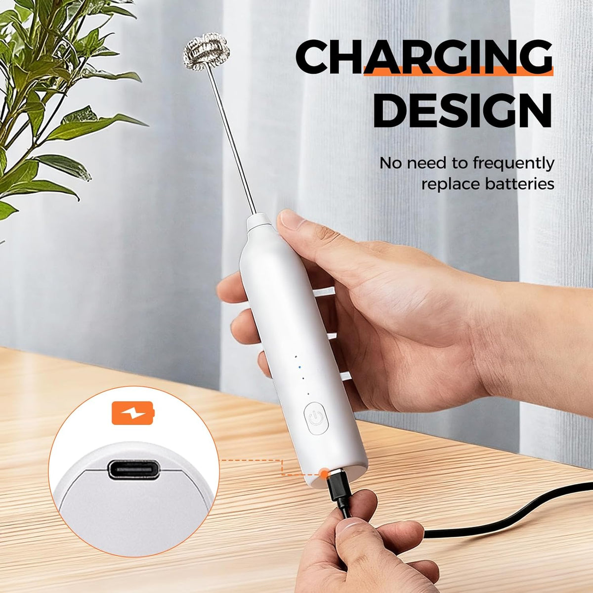Milk Frother Handheld Rechargeable With 2 Stainless Whisks for Lattes, Matcha, Egg
