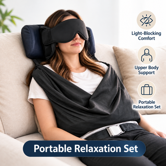 Portable Foldable Travel Neck Pillow Eye Mask Headrest Support Strap Airplane Sleep Rest Kit Body Support Cushion Storage Bag