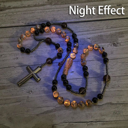 Natural Obsidian Yooperlite Rosary Necklace, UV Reactive Energy Protection Healing Crystal