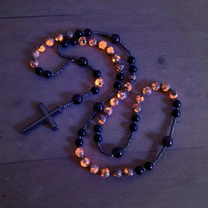Natural Obsidian Yooperlite Rosary Necklace, UV Reactive Energy Protection Healing Crystal