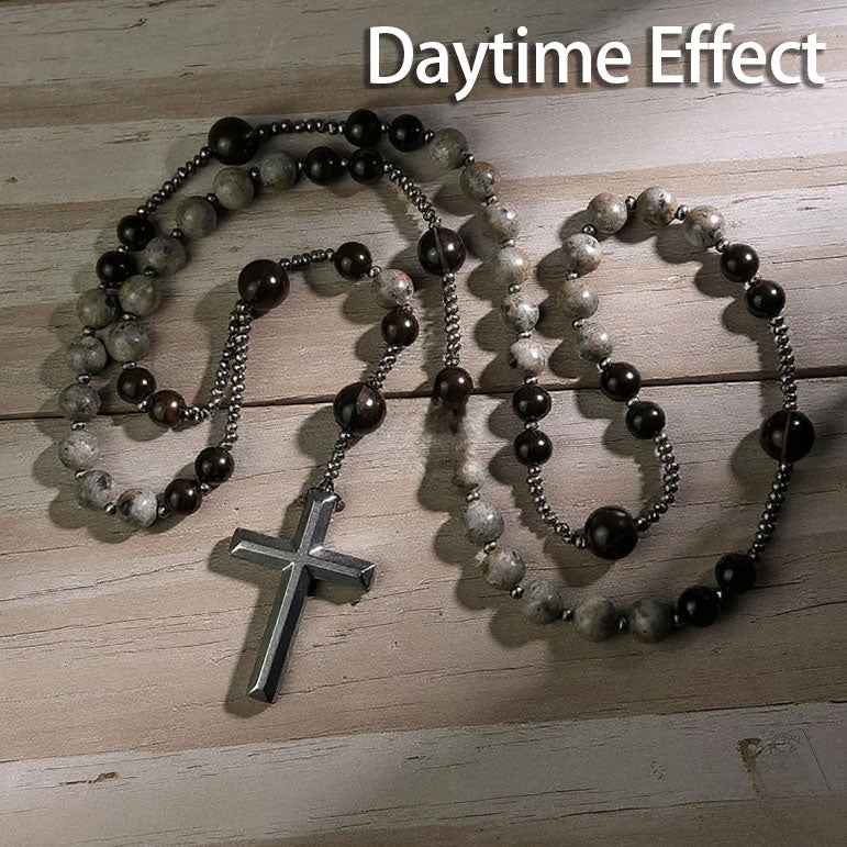 Natural Obsidian Yooperlite Rosary Necklace, UV Reactive Energy Protection Healing Crystal
