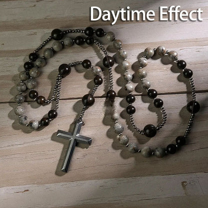 Natural Obsidian Yooperlite Rosary Necklace, UV Reactive Energy Protection Healing Crystal