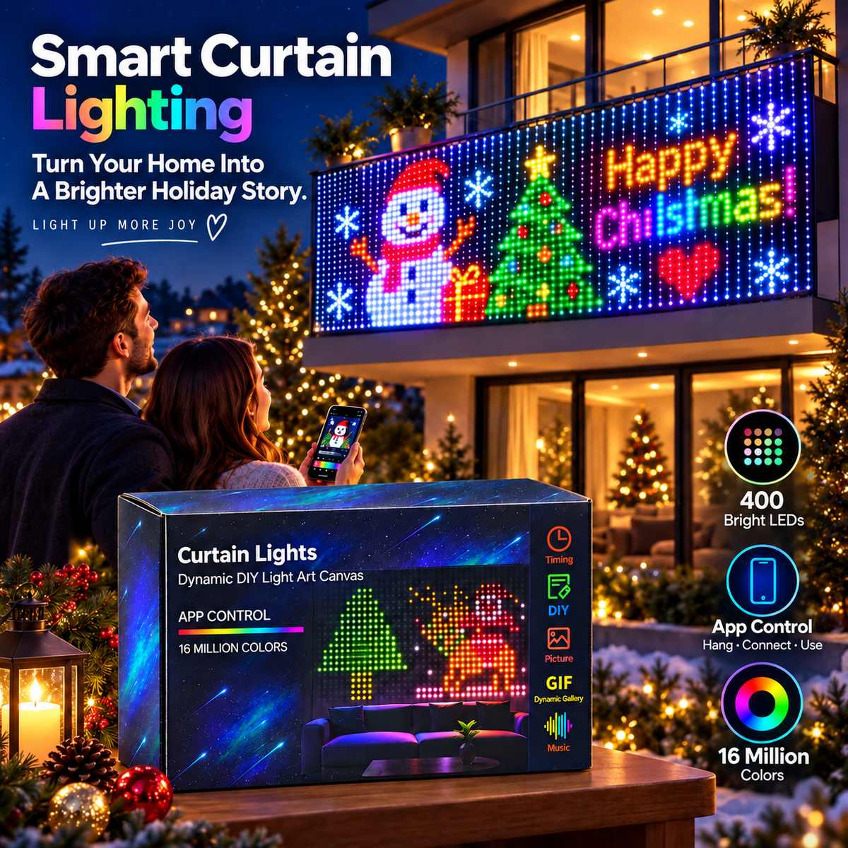 🎄✨ Turn Your Balcony Into A Giant LED Light Show! 📱Smart 400-LED Animated Mesh Screen