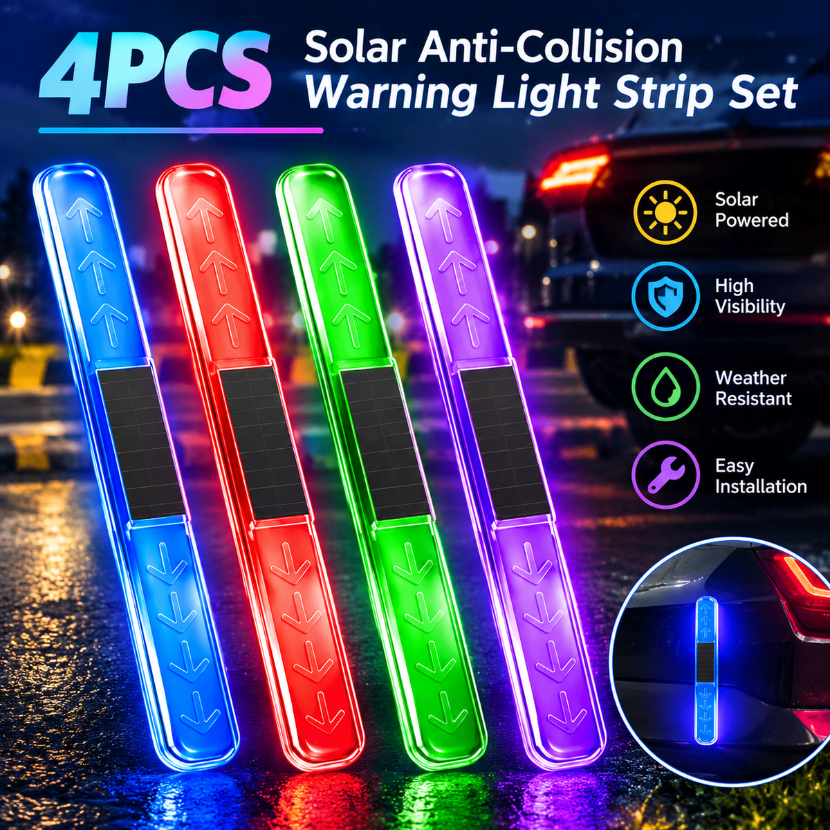 4-Piece Solar Anti-Collision Warning Light Strip Set
