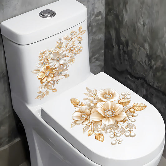 Luxury Golden Pearl Flower Toilet Seat Stickers for Toilet Tank, Shower Room Home Decor