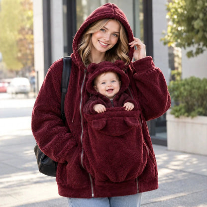 Women Fleece Hoodie Kangaroo Pocket, Baby Carrier Warm Plush Jacket, Winter Parent Child Matching Outfits, Coat For Mom Infant
