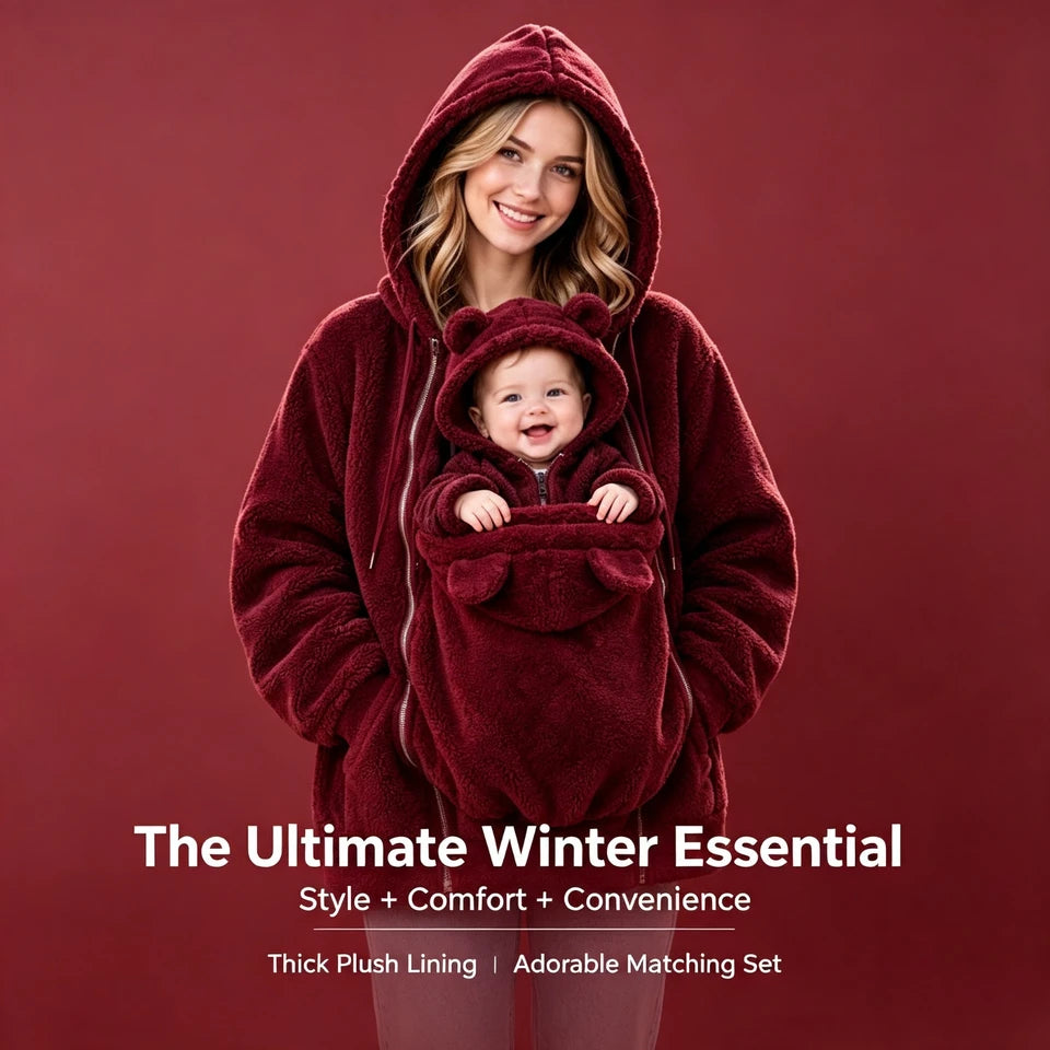 Women Fleece Hoodie Kangaroo Pocket, Baby Carrier Warm Plush Jacket, Winter Parent Child Matching Outfits, Coat For Mom Infant