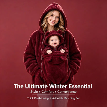 Women Fleece Hoodie Kangaroo Pocket, Baby Carrier Warm Plush Jacket, Winter Parent Child Matching Outfits, Coat For Mom Infant