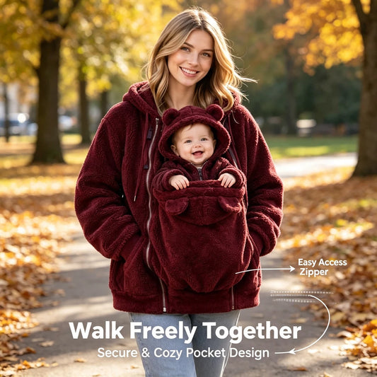 Women Fleece Hoodie Kangaroo Pocket, Baby Carrier Warm Plush Jacket, Winter Parent Child Matching Outfits, Coat For Mom Infant