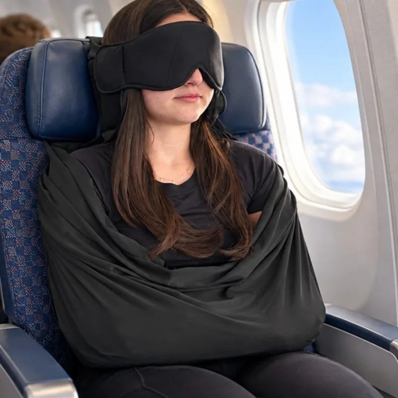 Portable Foldable Travel Neck Pillow Eye Mask Headrest Support Strap Airplane Sleep Rest Kit Body Support Cushion Storage Bag