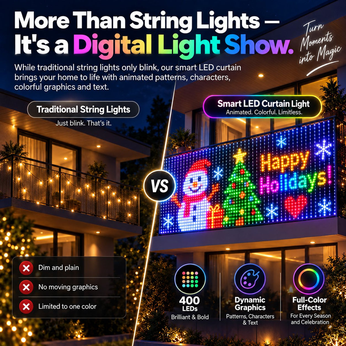 🎄✨ Turn Your Balcony Into A Giant LED Light Show! 📱Smart 400-LED Animated Mesh Screen